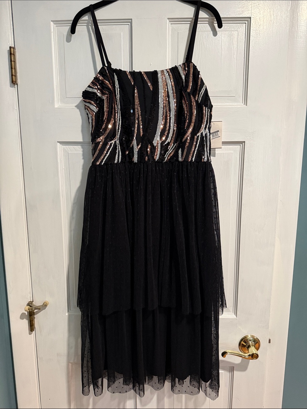 Dress the Population Black Midi Dress with Rose Gold and Silver Sequin Bodice